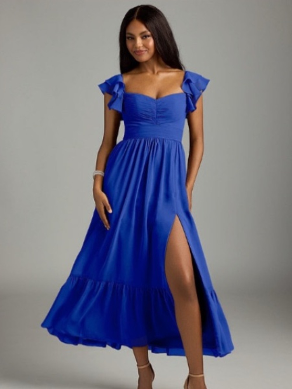 Azazie Royal Blue High-Low Ruffle Sleeve Maxi Dress